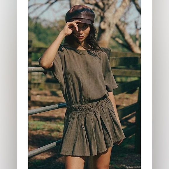 Free People Dresses & Skirts - Free People Sutton Mini Dress Size XL Olive Green Pleat Boat Neck Flutter Sleeve